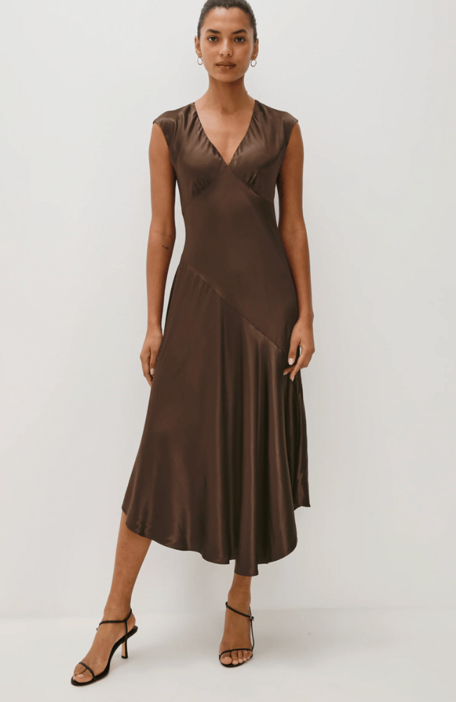 ELENI DRESS in ESPRESSO-RAILS-FLOW BY NICOLE CANADA