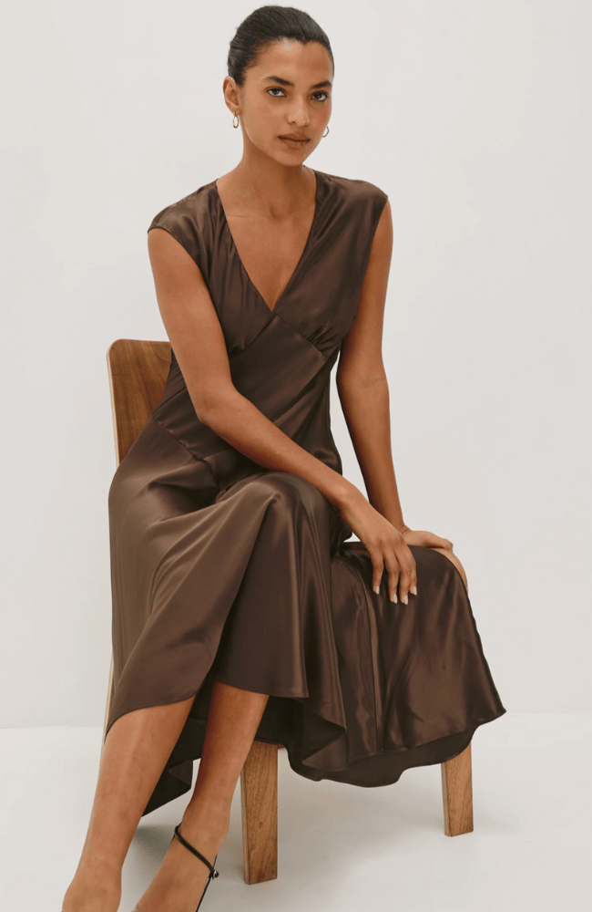 ELENI DRESS in ESPRESSO-RAILS-FLOW BY NICOLE CANADA