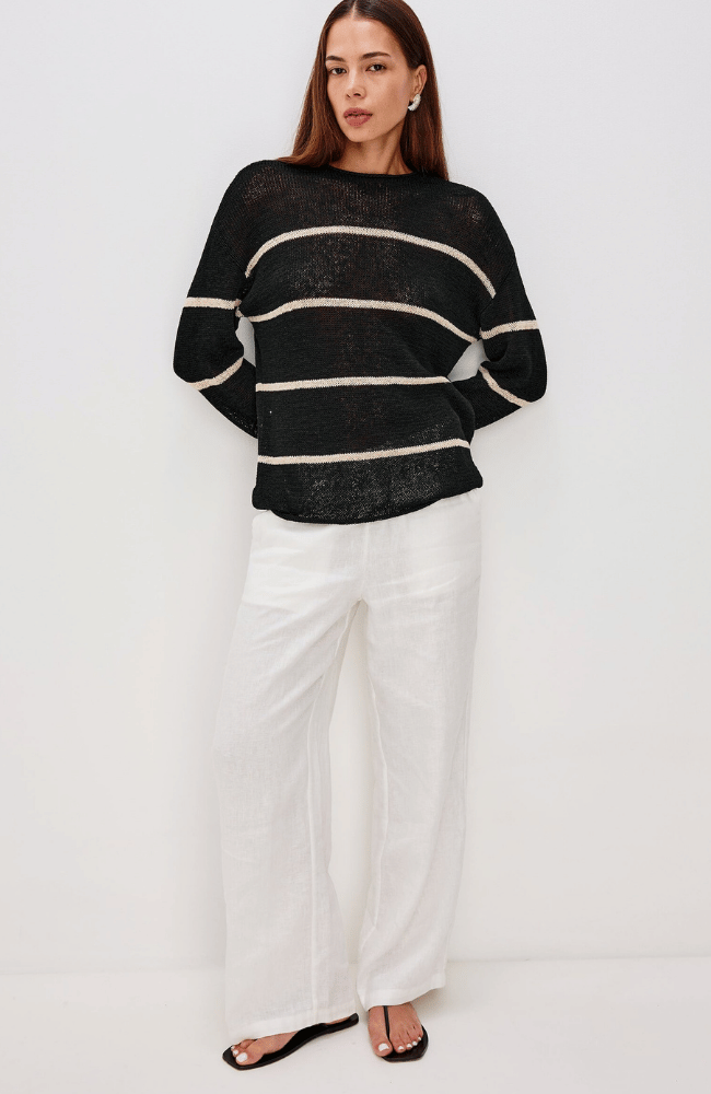 EVANGELINE KNIT in BLACK LINEN STRIPE-RAILS-FLOW BY NICOLE CANADA