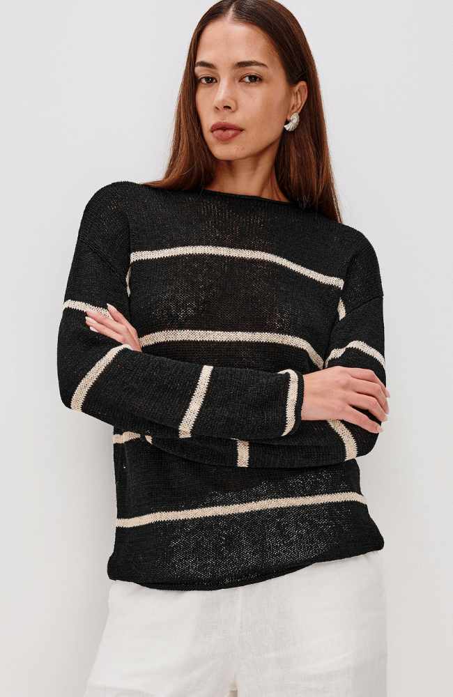 EVANGELINE KNIT in BLACK LINEN STRIPE-RAILS-FLOW BY NICOLE CANADA
