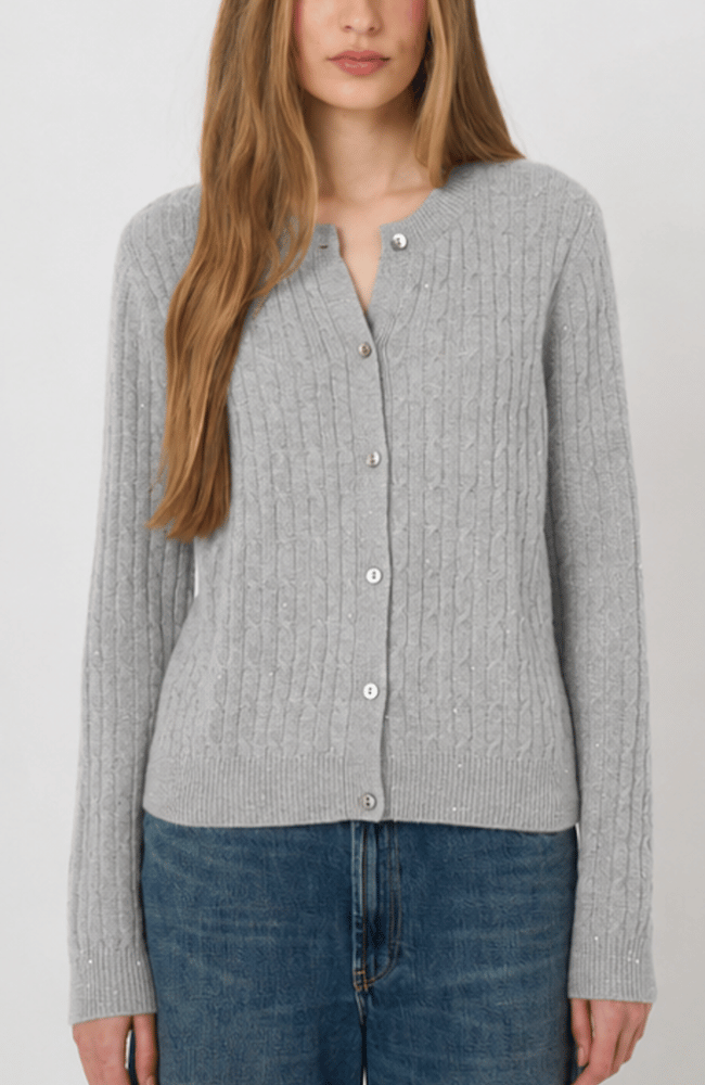 CASHMERE CABLE KNIT LUREX CARDIGAN in LIGHT GREY-REPEAT-FLOW BY NICOLE CANADA