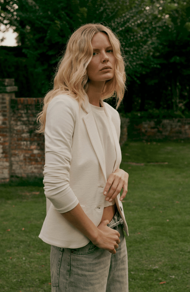 TAILORED FRENCH TERRY SWEATSHIRT BLAZER in IVORY-REPEAT-FLOW BY NICOLE CANADA