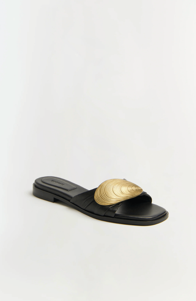 GIGI OYSTER LEATHER FLAT SLIDE in BLACK ANTIQUE GOLD-SIMKHAI-FLOW BY NICOLE CANADA