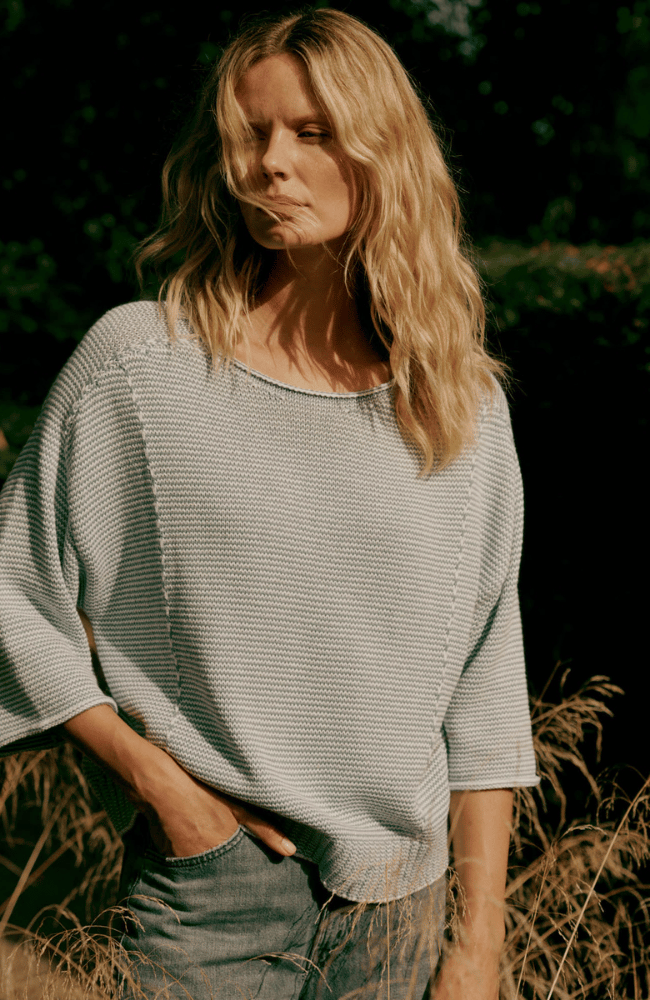 STRIPED COTTON BOAT NECK SWEATER in DENIM-REPEAT-FLOW BY NICOLE CANADA