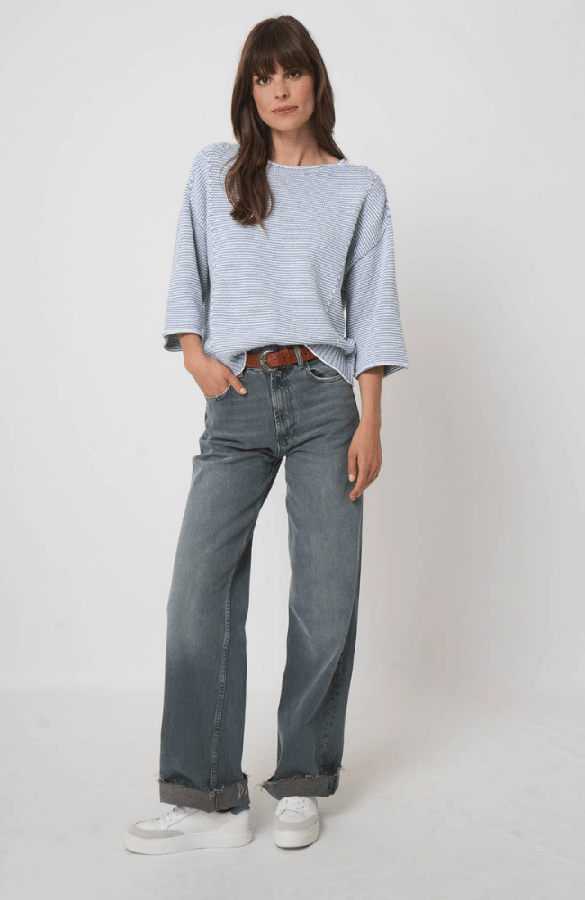 STRIPED COTTON BOAT NECK SWEATER in DENIM-REPEAT-FLOW BY NICOLE CANADA