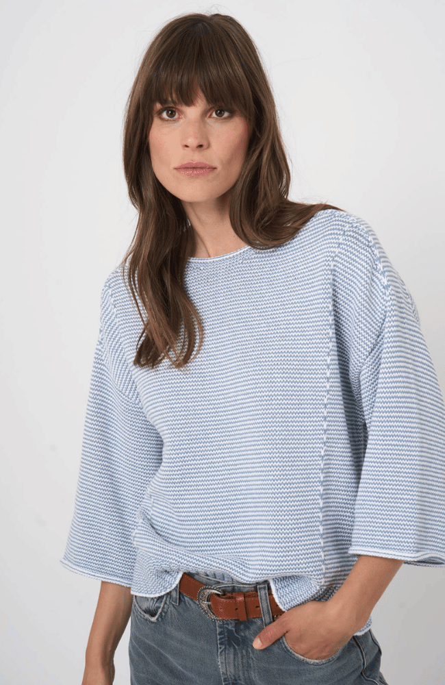 STRIPED COTTON BOAT NECK SWEATER in DENIM-REPEAT-FLOW BY NICOLE CANADA