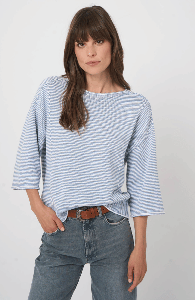 STRIPED COTTON BOAT NECK SWEATER in DENIM-REPEAT-FLOW BY NICOLE CANADA