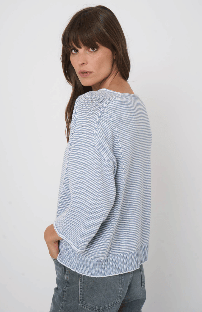 STRIPED COTTON BOAT NECK SWEATER in DENIM-REPEAT-FLOW BY NICOLE CANADA