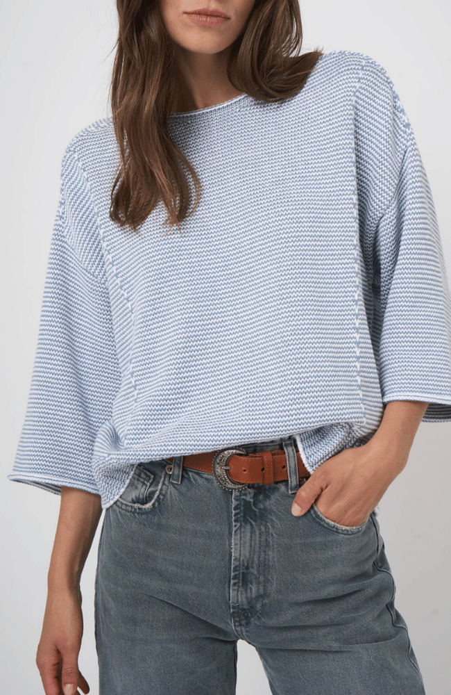 STRIPED COTTON BOAT NECK SWEATER in DENIM-REPEAT-FLOW BY NICOLE CANADA