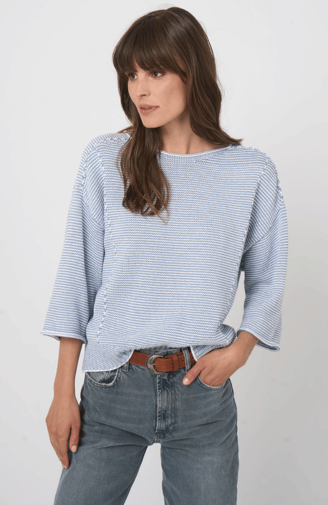 STRIPED COTTON BOAT NECK SWEATER in DENIM-REPEAT-FLOW BY NICOLE CANADA