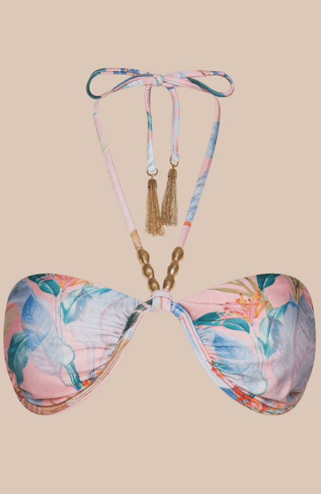 SUKI HALTER BIKINI TOP in PINK MULTI COLORFUL PALM-L'AGENCE-FLOW BY NICOLE CANADA