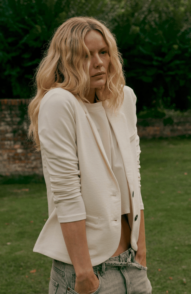 TAILORED FRENCH TERRY SWEATSHIRT BLAZER in IVORY-REPEAT-FLOW BY NICOLE CANADA