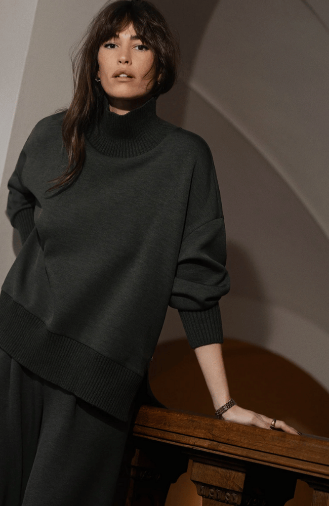 BARKER HIGH NECK SWEAT in OLIVE MARL-Varley-FLOW BY NICOLE CANADA