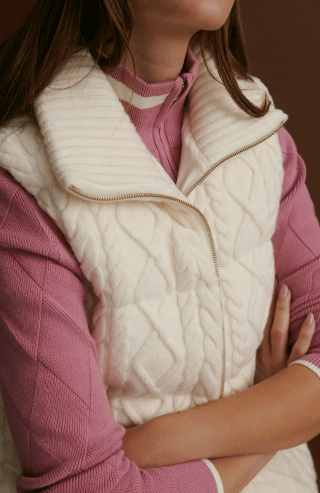 IRINA CABLE KNIT GILET in EGRET-Varley-FLOW BY NICOLE CANADA
