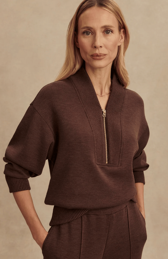 SALLY HALF ZIP SWEAT in COFFEE BEAN MARL-Varley-FLOW BY NICOLE CANADA