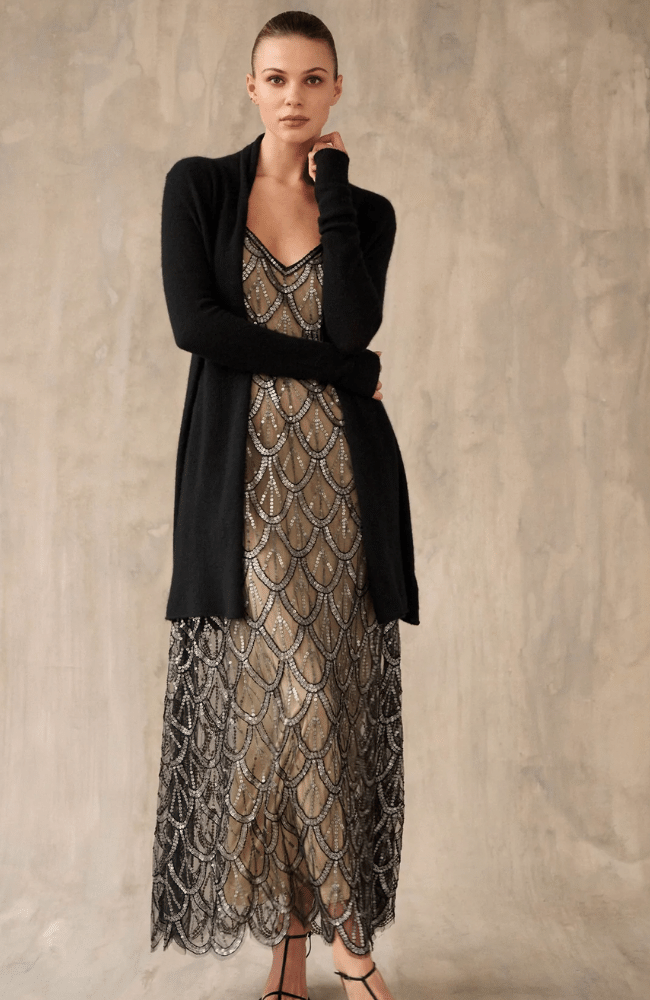 CASHMERE TRAPEZE CARDIGAN BLACK-WHITE and WARREN-FLOW BY NICOLE CANADA