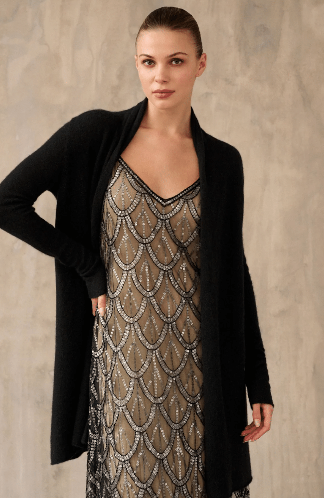CASHMERE TRAPEZE CARDIGAN BLACK-WHITE and WARREN-FLOW BY NICOLE CANADA