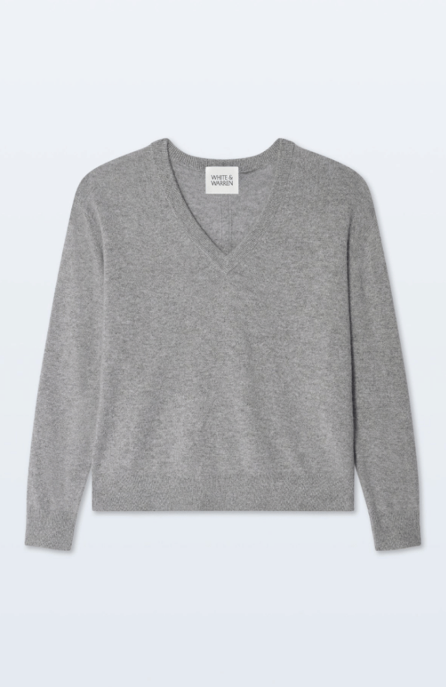 CASHMERE V NECK SWEATER in GREY HEATHER-WHITE and WARREN-FLOW BY NICOLE CANADA