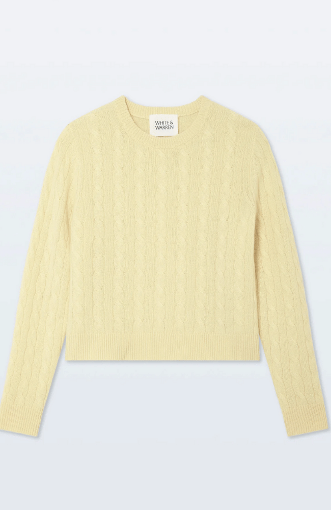 CASHMERE VARSITY CABLE CREWNECK in LEMONADE-WHITE and WARREN-FLOW BY NICOLE CANADA