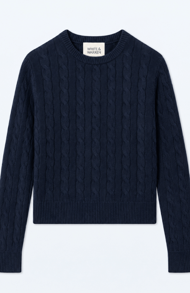 CASHMERE CABLE CREWNECK in NAVY-WHITE & WARREN-FLOW BY NICOLE CANADA