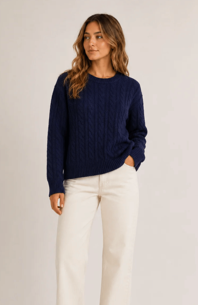 CASHMERE CABLE CREWNECK in NAVY-WHITE & WARREN-FLOW BY NICOLE CANADA