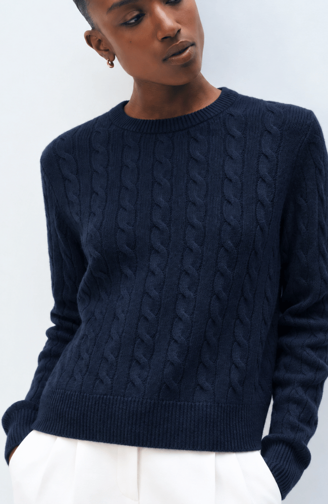CASHMERE CABLE CREWNECK in NAVY-WHITE & WARREN-FLOW BY NICOLE CANADA