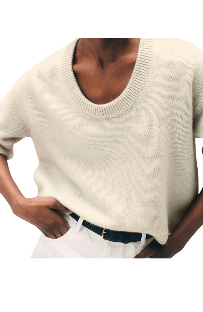 CASHMERE FEATHERWEIGHT SCOOP TEE in NATURAL HEATHER-WHITE & WARREN-FLOW BY NICOLE CANADA