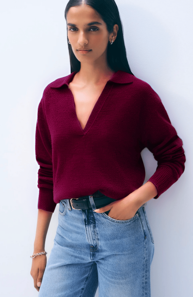 CASHMERE LONG SLEEVE POLO in SANGRIA-WHITE & WARREN-FLOW BY NICOLE CANADA