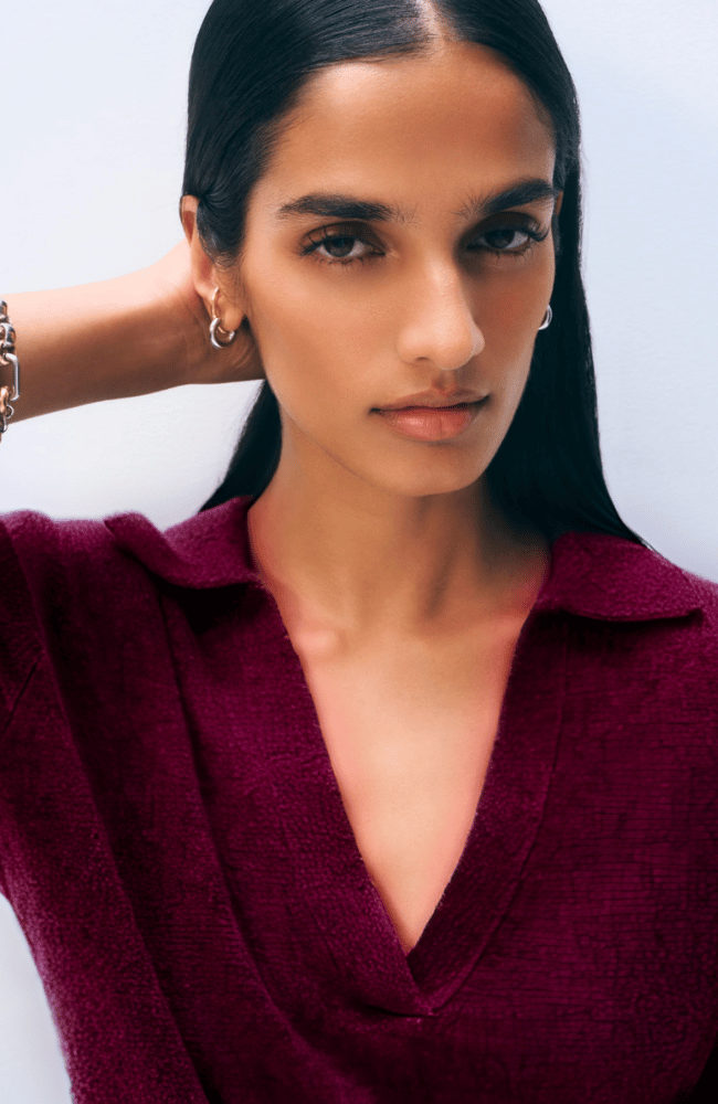 CASHMERE LONG SLEEVE POLO in SANGRIA-WHITE & WARREN-FLOW BY NICOLE CANADA