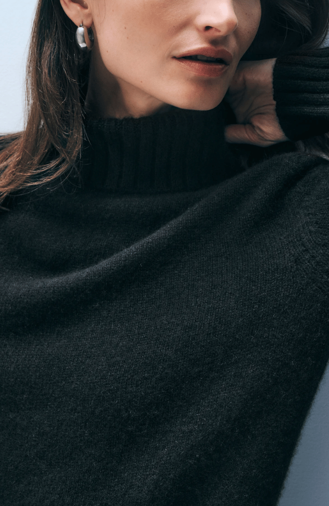 CASHMERE RIBBED TRIM TURTLENECK in BLACK-WHITE & WARREN-FLOW BY NICOLE CANADA