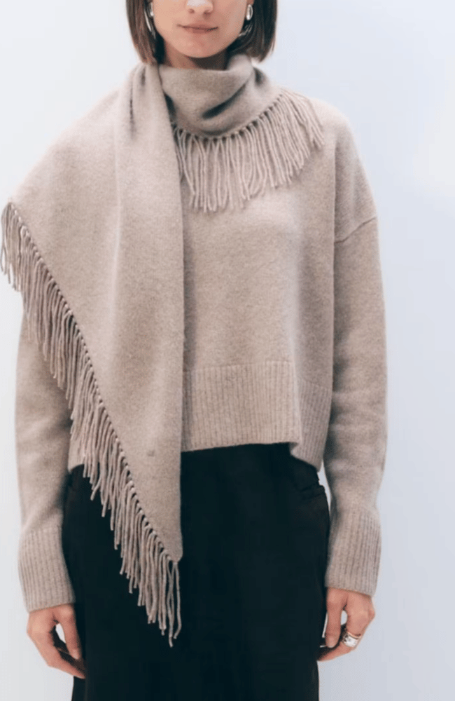 CASHMERE SCARF BLEND SWEATER in MISTY BROWN HEATHER-WHITE & WARREN-FLOW BY NICOLE CANADA