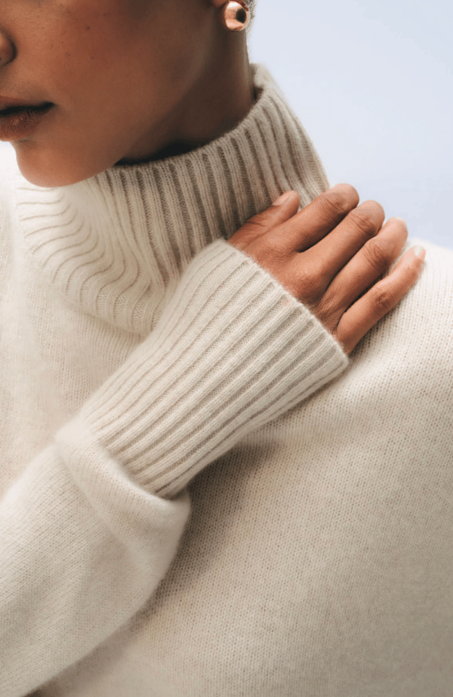 CASHMERE STANDNECK SWEATER in NATURAL HEATHER-WHITE & WARREN-FLOW BY NICOLE CANADA