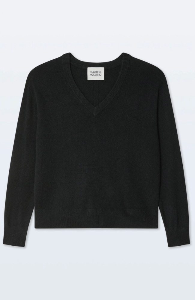 CASHMERE V NECK SWEATER in BLACK-WHITE & WARREN-FLOW BY NICOLE CANADA